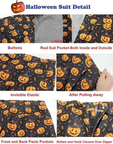 Vista 5 de ACH Traje de Halloween para hombre, disfraz de fiesta para adultos, con diferentes estampados, 3 piezas, chaqueta fea y divertida para hombre, traje