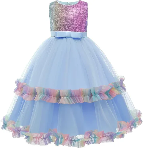 Vista 8 de MYRISAM - Vestido de unicornio de arcoíris para niña, tul largo, para boda, cumpleaños, princesa, carnaval, fiesta, baile, concurso, vestido de gala