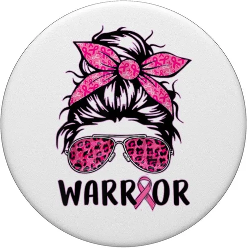 Vista 3 de Messy Bun Pink Warrior Soporte de concientización sobre el cáncer de mama PopSockets intercambiables PopGrip