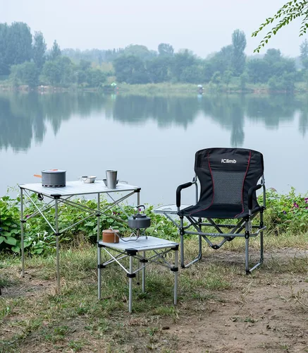 Vista 2 de iClimb Silla de malla plegable de camping compacta resistente con mesa auxiliar y asa