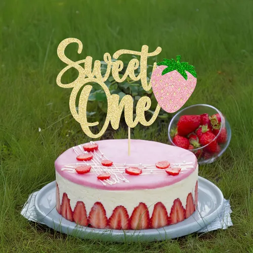 Vista 8 de Gyufise 1 pieza de fresa Sweet One Cake Topper Glitter First Birthday Strawberry Cake Pick para el tema de fruta dulce, baby shower, fiesta