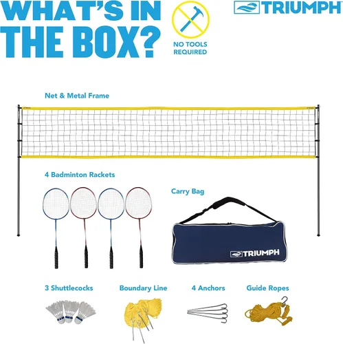 Vista 5 de Triumph Sports Badminton Set for Backyard & Outdoors with 4 Badminton Rackets, 3 Birdies, Net, Boundary Lines & Carry Bag