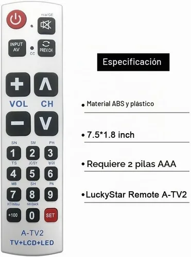 Vista 8 de LuckyStar - Control remoto universal con botón grande A-TV2, ajuste inicial para Lg, Vizio, Sharp, Zenith, Panasonic, Philips, RCA, pone la batería
