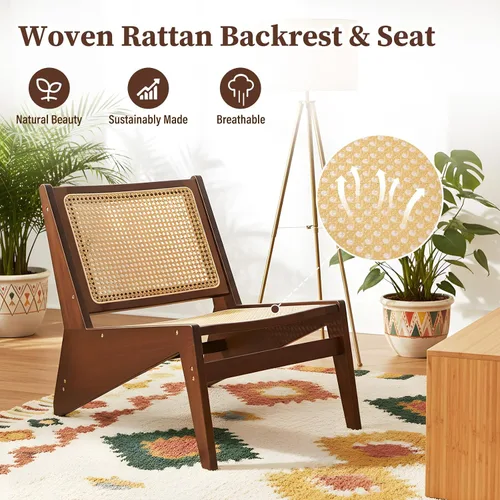 Vista 3 de Furlide Silla de Acento Mid-Century, Silla de Descanso de Ratán para Sala de Estar, Silla Lateral de Esquina Cómoda Boho para Dormitorio y Balcón