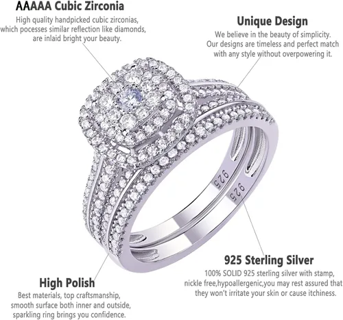 Vista 4 de Newshe Jewellery Anillos de compromiso para mujer, juego de anillos de boda AAAAA con circonita cúbica 925, banda redonda, 1.6 quilates, tamaño 5-12