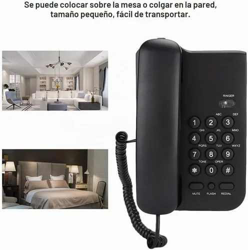 Vista 5 de Teléfono fijo, soporte de pared de escritorio con cable, teléfono de extensión inglés con silencio/una, función de redireccionamiento/flash
