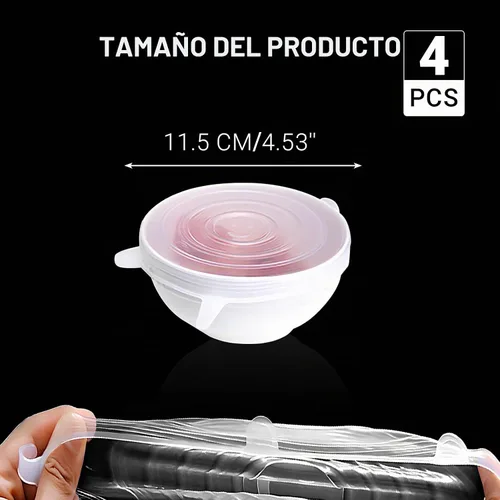 Vista 3 de Paquete de 4 tapas elásticas de silicona reutilizables de 4.5 pulgadas, fundas de silicona para almacenamiento de alimentos, tapas elásticas