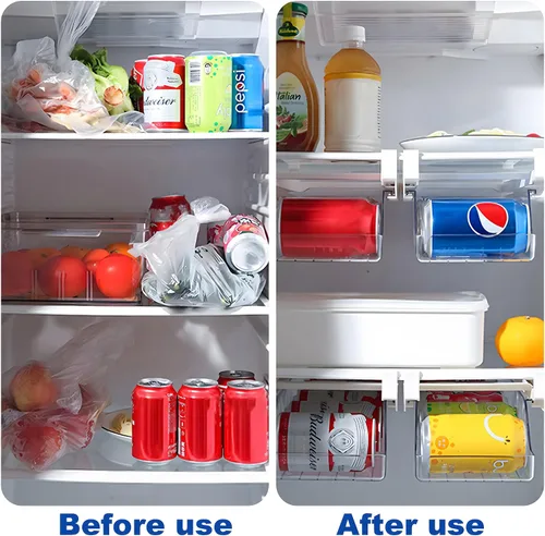 Vista 2 de Organizador de latas para cajón de refrigerador, estante extraíble colgante para refrescos, huevos, frutas, verduras, carne, contenedor transparente