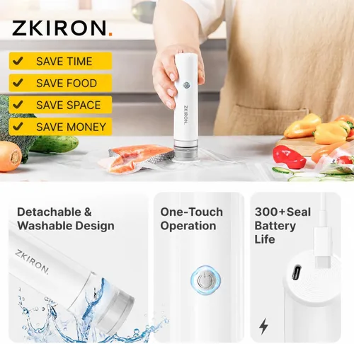 Vista 2 de ZKIRON OneTouch Selladora al Vacío Portátil con 25 Bolsas de Vacío Reutilizables – Selladora de Alimentos Portátil y Compacta con Succión