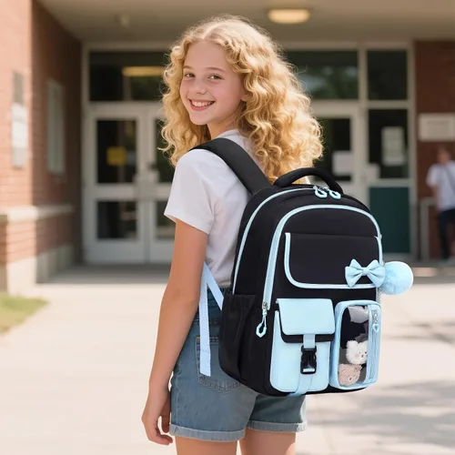 Vista 2 de Mochila para niñas, mochila escolar para niñas, bonita mochila con lazo para niñas, niños y adolescentes, para estudiantes de escuela primaria