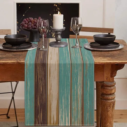 Vista 9 de Emvency - Camino de mesa de estilo granja, pintura de arte abstracto vintage en azul y gris para mesa de cocina, cenas familiares, fiestas, bodas
