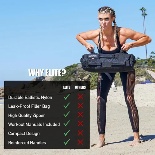 Vista 5 de Elite Sports Saco de Arena para Entrenamiento Versátil e Intensivo de Músculos del Core, Entrenamiento de Fuerza con Colocación Estratégica de Asas