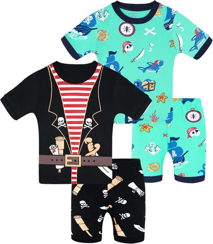 Vista 14 de DAUGHTER QUEEN - Pijama para niños de 4 piezas, conjunto corto 100 % algodón, talla 18 meses-12 años Soft, Breathable, Lightweight, Comfortable