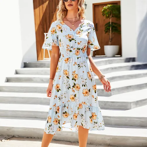 Vista 2 de XIAwenYUAN Vestido de mujer para verano bohemio lindo floral casual playa fiesta hawaiana con vuelo largo vestido largo de línea A verde A Green M