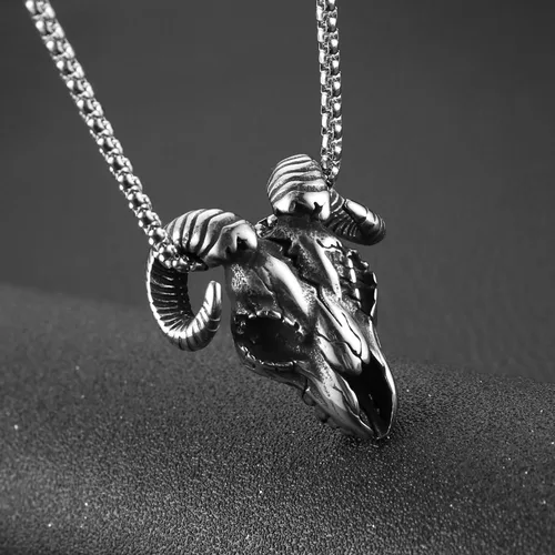 Vista 4 de AsAlways Demon Satan Necklace for Men Stainless Steel Retro Gothic Baphomet Goat Head Skull Pendant Necklace Jewelry Gift