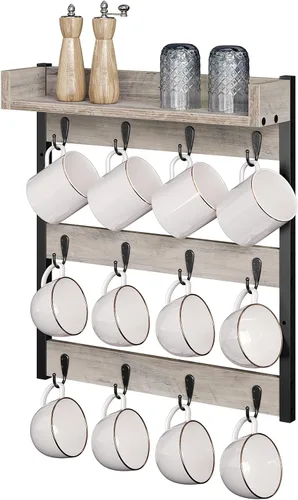 Vista 6 de YATINEY Soporte para Tazas de Café, Estante de Árbol de Tazas de 3 Niveles, Colgante para 12 Tazas, con Estante Superior, para Cocina, Comedor, Sala