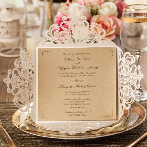Vista 12 de Hosmsua 50 tarjetas de invitación de boda negras cortadas con láser con sobres, invitaciones de rosa hueca de 6.3 x 6.3 pulgadas para boda