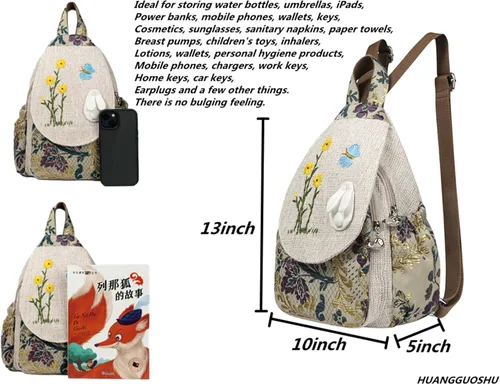 Vista 129 de HUANGGUOSHU Mochila de algodón tejida de algodón bohemio con bordado de lona estilo bohemio con múltiples bolsillos retro linda mochila cartera