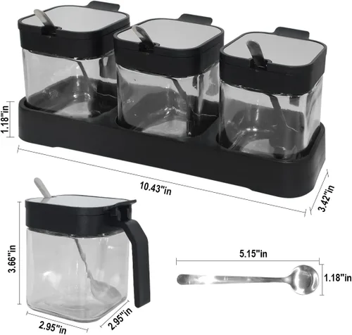 Vista 2 de Tarros de especias de condimentos de vidrio, 5.6 onzas/8.6 fl oz, recipiente para especias con tapas y cucharas y bandeja, recipientes de vidrio