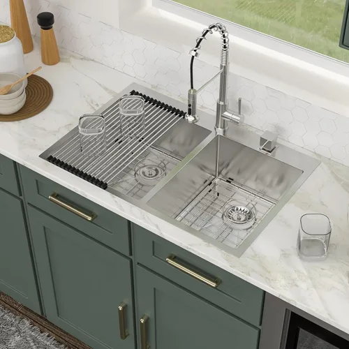 Vista 10 de Logmey - Fregadero de cocina de 32 pulgadas con doble tazón de montaje superior - Fregadero de cocina de acero inoxidable hecho a mano de 32 x 18
