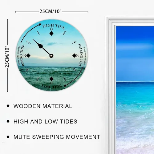 Vista 2 de Reloj de marea de madera para pared, puesta de sol, hora del océano, reloj costero, luna, marea, marea, marea, marea alta y baja, reloj