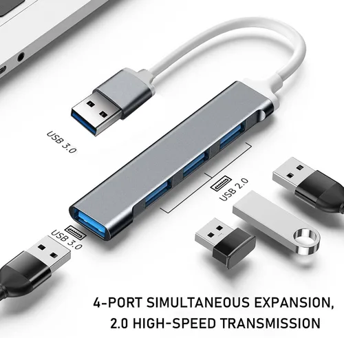 Vista 2 de Divisor USB de aluminio, 4 puertos, concentrador de puerto USB 3.0 de alta velocidad, concentrador USB, cable de extensión USB, divisor