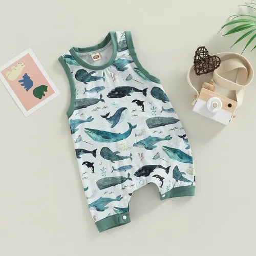 Vista 5 de Muasaaluxi Mameluco de una pieza para bebé recién nacido, sin mangas, con estampado de peces, traje de verano