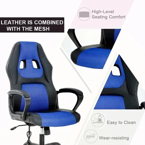 Vista 5 de HHS Silla reclinable de oficina para adultos, respaldo alto, de cuero, escritorio, juegos, carreras, ejecutiva, ergonómica, ajustable, giratoria