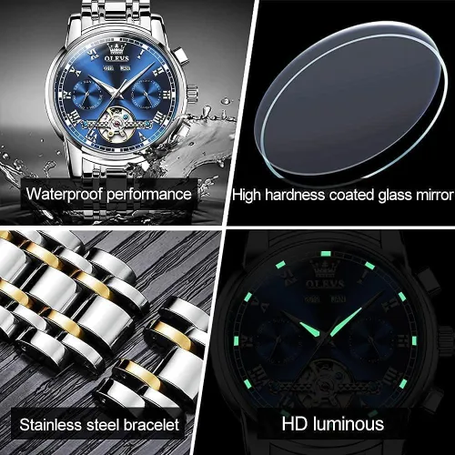 Vista 5 de OLEVS Reloj para hombre Tourbillon automático mecánico de cuerda automática, reloj de pulsera de lujo con doble calendario de acero inoxidable