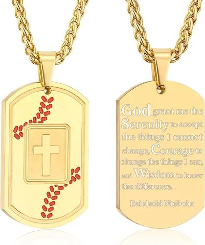 Vista 22 de Collar de cruz con versículo bíblico de béisbol, acero inoxidable, dije de cruz en tono negro/dorado/plateado, regalos religiosos, joyería deportiva