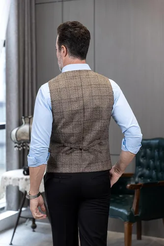 Vista 6 de Chaleco de traje vintage para hombre, chaleco de tweed a cuadros, chaleco de ajuste regular para padrinos de boda