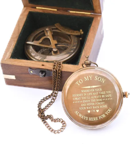 Vista 2 de Brújula con reloj de sol personalizado con estuche de regalo para hijo, regalo para mi hijo, regalo de mamá a hijo, regalo de papá a hijo, regalo
