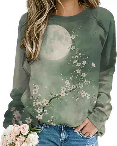 Vista 13 de ZOCANIA Sudaderas para mujer, sin capucha, manga larga, cuello redondo, estampado floral, ajuste holgado