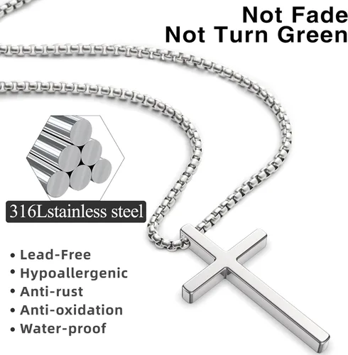 Vista 3 de 2 collares de cruz para hombre, colgante de acero inoxidable, cadena de cruces plateadas, negras, caja de regalo para niños de 16 a 30 pulgadas