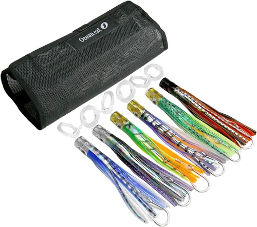 Vista 11 de OCEAN CAT Juego de señuelos de pesca de agua salada, anzuelo de pesca en alta mar y faldas de pulpo/calamar de 6 pulgadas/9 pulgadas para atrapar