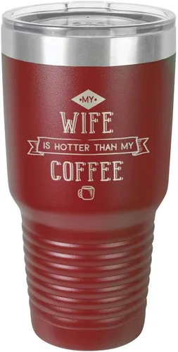 Vista 19 de Taza de viaje de acero inoxidable con popote y tapa superior deslizante My Wife Is Hot Than My Coffee Black de 30 onzas