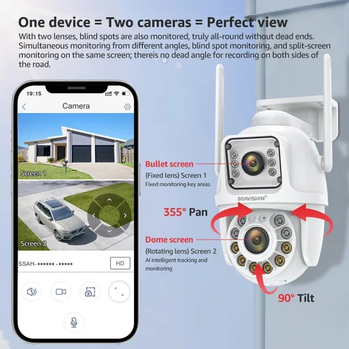 Vista 2 de BOAVISION Paquete de 2 cámaras de seguridad WiFi 2.4G/5G para exteriores, PTZ inalámbrica de lente dual, vista de 360°, seguimiento humano con IA