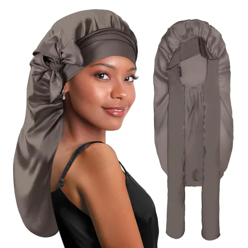 Vista 24 de BONNET QUEEN Gorro de Trenza de Seda Gorro Plegable Extra Largo para Trenzas con Banda de Atar, Capó de Satén Largo para Dormir, Verde Oscuro