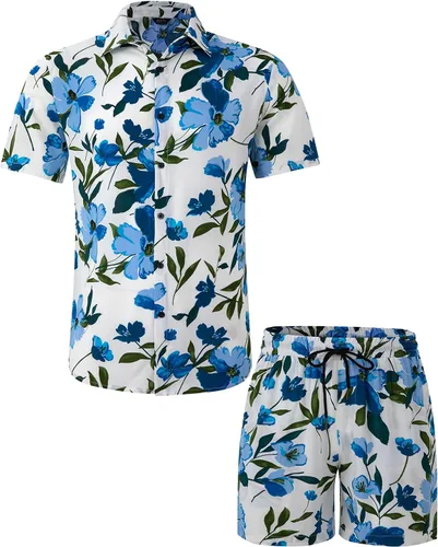 Vista 2 de Atwfo Conjunto de camisa hawaiana y pantalón corto para hombre, conjunto de 2 piezas para vacaciones, casual, con botones, playa, trajes florales