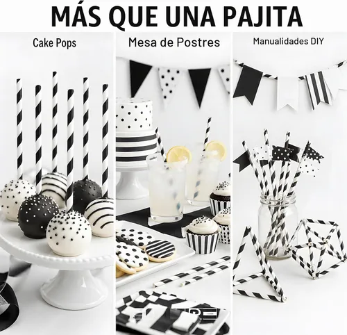 Vista 8 de ALINK 100 Black Striped Paper Straws, 7.75 in Black and White Straws Rayas negras