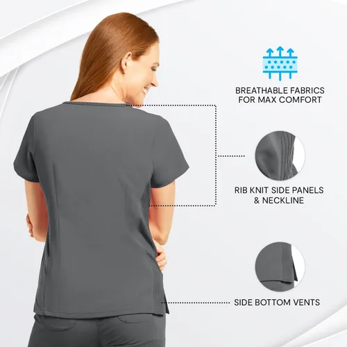 Vista 5 de Olive & Co. Camisas médicas para mujer, color gris peltre, moderno, ajustado, con cuello en V