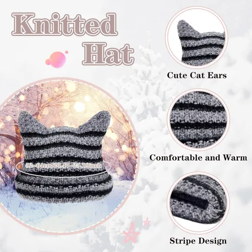 Vista 3 de Century Star Gorros de ganchillo para mujer, gorro de gato, gorro de invierno cálido de punto a rayas, accesorios de gorra Y2K, gorros holgados