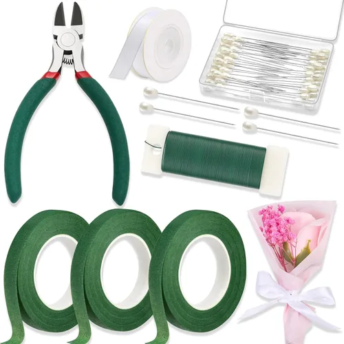 Vista 9 de Paxcoo Kit de herramientas de cinta floral y arreglo de alambre floral con cinta verde, alambre floral, alfiler de flores de boutonniere, cortador