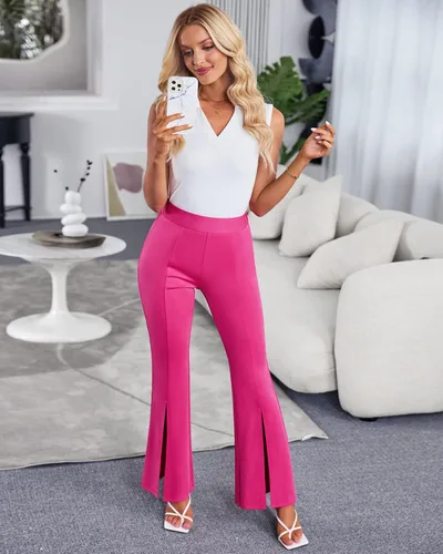 Vista 3 de GRAPENT Pantalones de vestir de pierna ancha para mujer, pantalones acampanados, pantalones casuales de trabajo, pantalones de trabajo