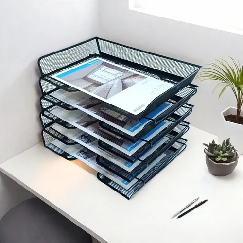 Vista 8 de Organizador de escritorio de malla metálica de 5 niveles, bandejas apilables para suministros de oficina, sistema de almacenamiento de archivos