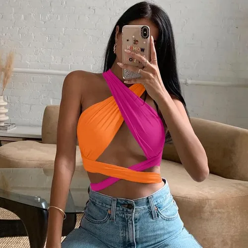Vista 4 de ZAFUL - Ombliguera cruzada estilo halter de tejido acanalado para mujer camiseta sin mangas tipo con diseño fruncido y con lazos