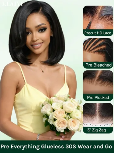 Vista 3 de KLAIYI Peluca de cabello humano con encaje frontal precortada 7x5, corte Bob en capas, corte romo, cordón sin pegamento, peluca predepilada
