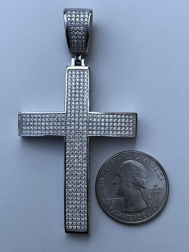 Vista 4 de Harlembling Solid 925 Sterling Silver Iced Cross Pendant - Men's - 2x1.5 20 Grams - Fits Up To 8mm Chains!