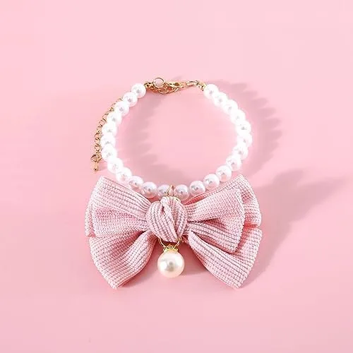 Vista 4 de Paquete de 3 collares de perlas para perro, joyas de perlas elegantes con lazos grandes, lindo collar de boda, accesorios de disfraz para perros