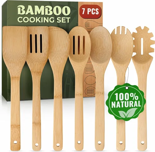Vista 11 de Juego de utensilios de madera de bambú, 6 piezas, antiadherentes, seguros y resistentes al calor, utensilios de bambú para cocinar, fáciles